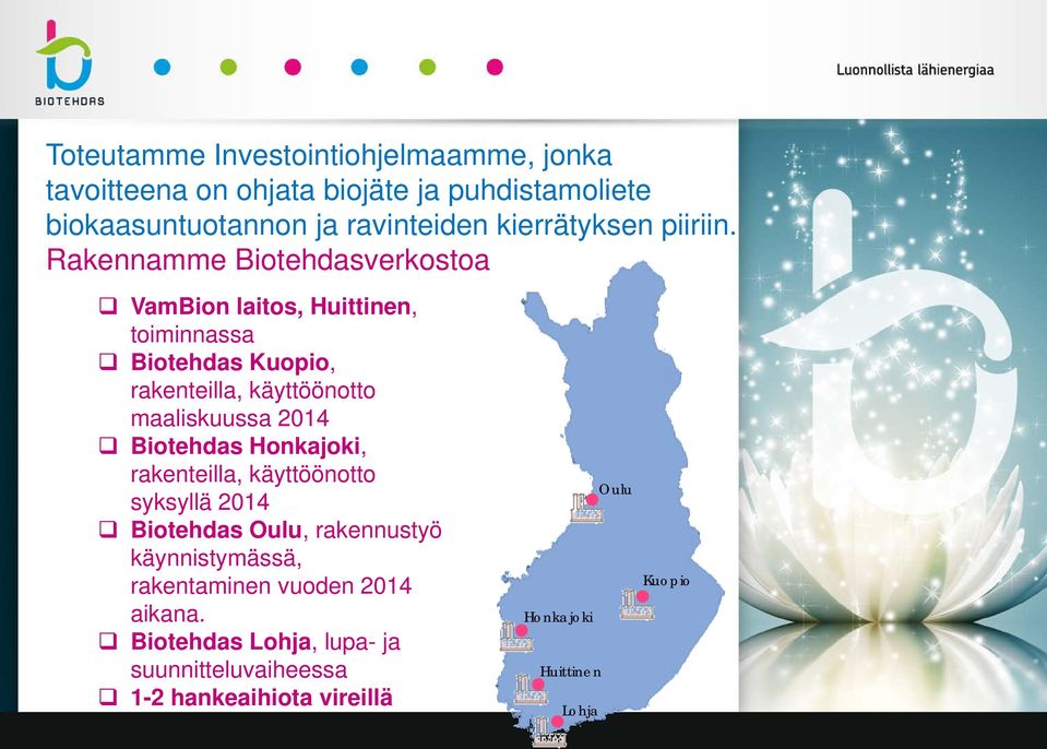 Rakennamme Biotehdasverkostoa VamBion laitos, Huittinen, toiminnassa Biotehdas Kuopio, rakenteilla, käyttöönotto maaliskuussa 2014