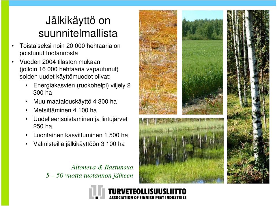 viljely 2 300 ha Muu maatalouskäyttö 4 300 ha Metsittäminen 4 100 ha Uudelleensoistaminen ja lintujärvet 250 ha