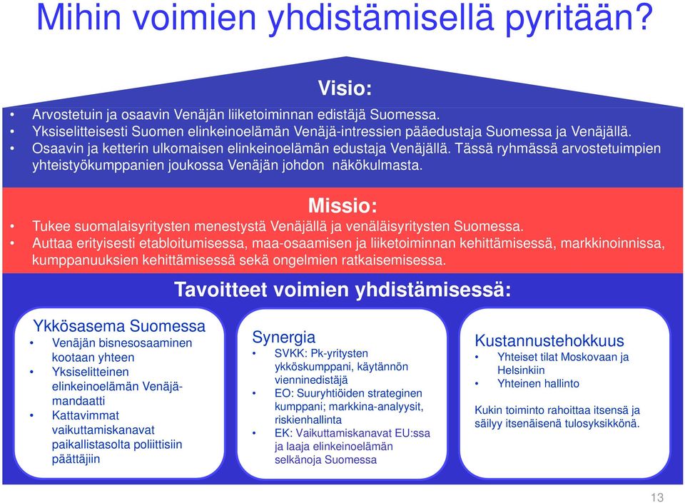 Tässä ryhmässä arvostetuimpien yhteistyökumppanien joukossa Venäjän johdon näkökulmasta. Missio: Tukee suomalaisyritysten menestystä Venäjällä ja venäläisyritysten Suomessa.