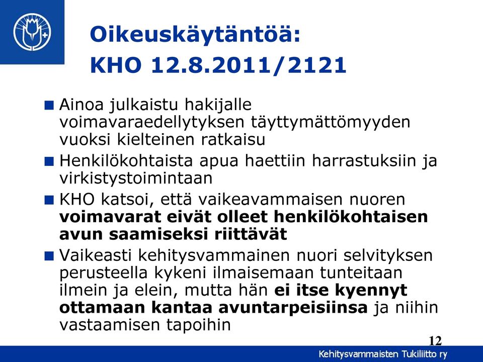 haettiin harrastuksiin ja virkistystoimintaan KHO katsoi, että vaikeavammaisen nuoren voimavarat eivät olleet