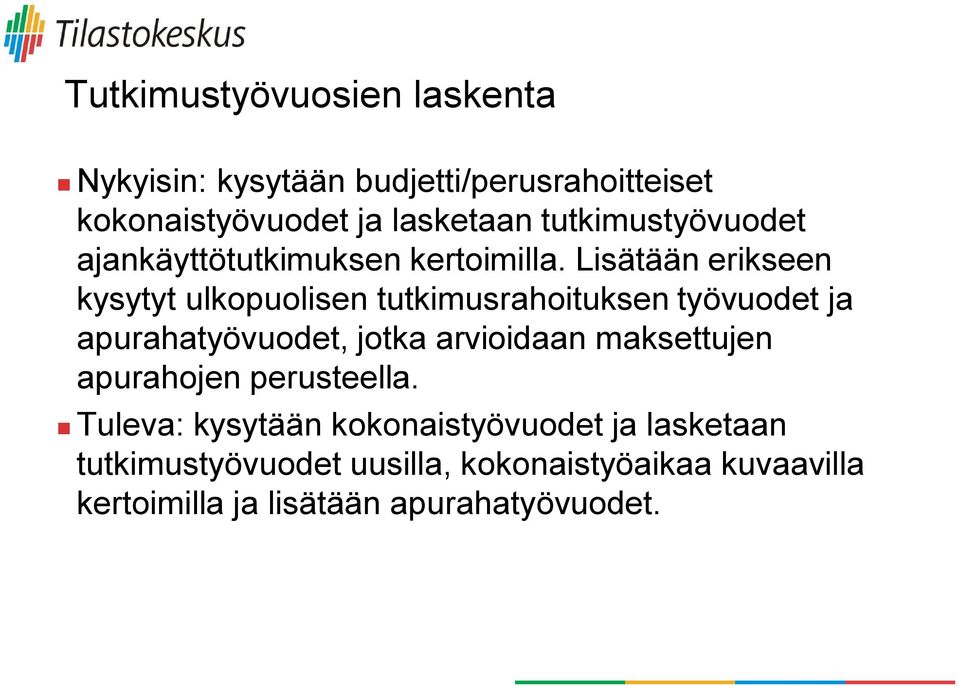 Lisätään erikseen kysytyt ulkopuolisen tutkimusrahoituksen työvuodet ja apurahatyövuodet, jotka arvioidaan