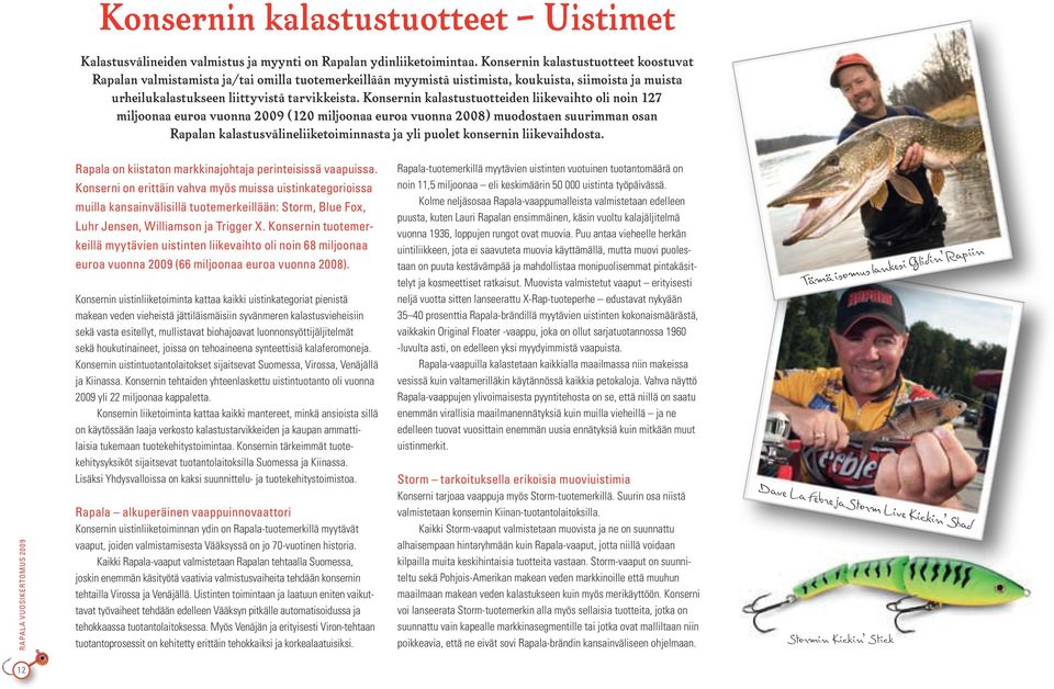 Konsernin kalastustuotteiden liikevaihto oli noin 127 miljoonaa euroa vuonna 2009 (120 miljoonaa euroa vuonna 2008) muodostaen suurimman osan Rapalan kalastusvälineliiketoiminnasta ja yli puolet