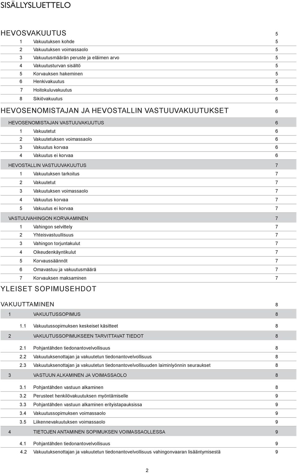 ei korvaa 6 HEVOSTALLIN VASTUUVAKUUTUS 7 1 Vakuutuksen tarkoitus 7 2 Vakuutetut 7 3 Vakuutuksen voimassaolo 7 4 Vakuutus korvaa 7 5 Vakuutus ei korvaa 7 VASTUUVAHINGON KORVAAMINEN 7 1 Vahingon