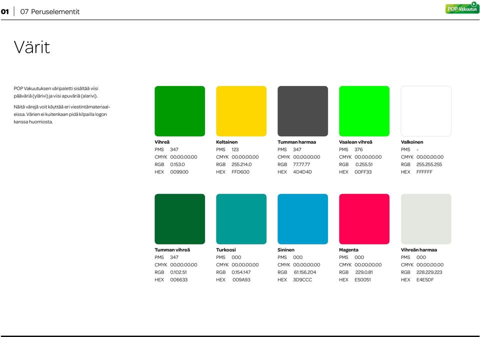 0 HEX 009900 Keltainen PMS 123 RGB 255.214.0 HEX FFD600 Tumman harmaa PMS 347 RGB 77.77.77 HEX 4D4D4D Vaalean vihreä PMS 376 RGB 0.255.51 HEX 00FF33 Valkoinen PMS - RGB 255.