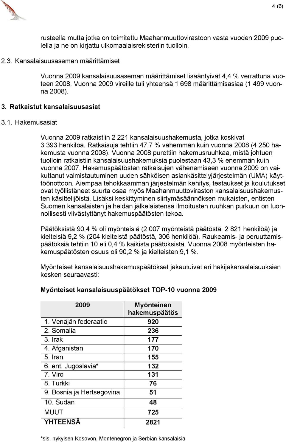 3. Ratkaistut kansalaisuusasiat 3.1. Hakemusasiat Vuonna 2009 ratkaistiin 2 221 kansalaisuushakemusta, jotka koskivat 3 393 henkilöä.