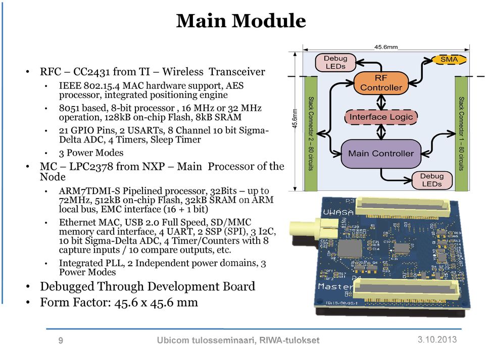Sigma- Delta ADC, 4 Timers, Sleep Timer 3 Power Modes MC LPC2378 from NXP Main Processor of the Node ARM7TDMI-S Pipelined processor, 32Bits up to 72MHz, 512kB on-chip Flash, 32kB SRAM on ARM local