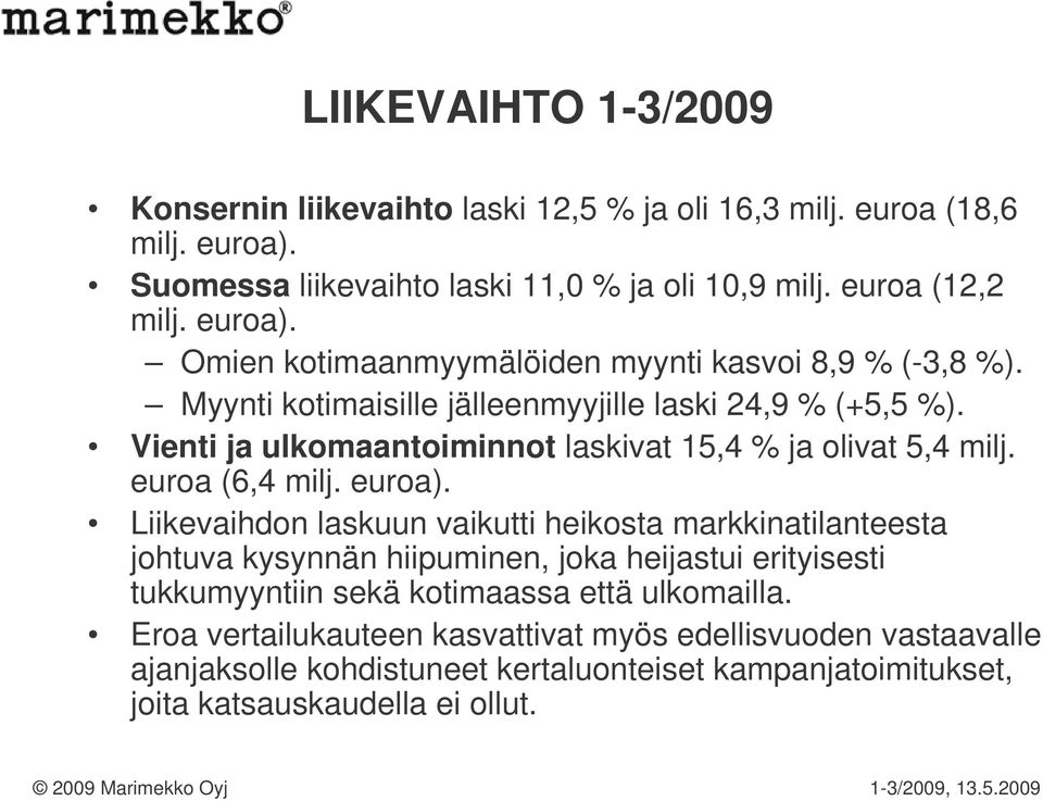 Vienti ja ulkomaantoiminnot laskivat 15,4 % ja olivat 5,4 milj. euroa (6,4 milj. euroa).