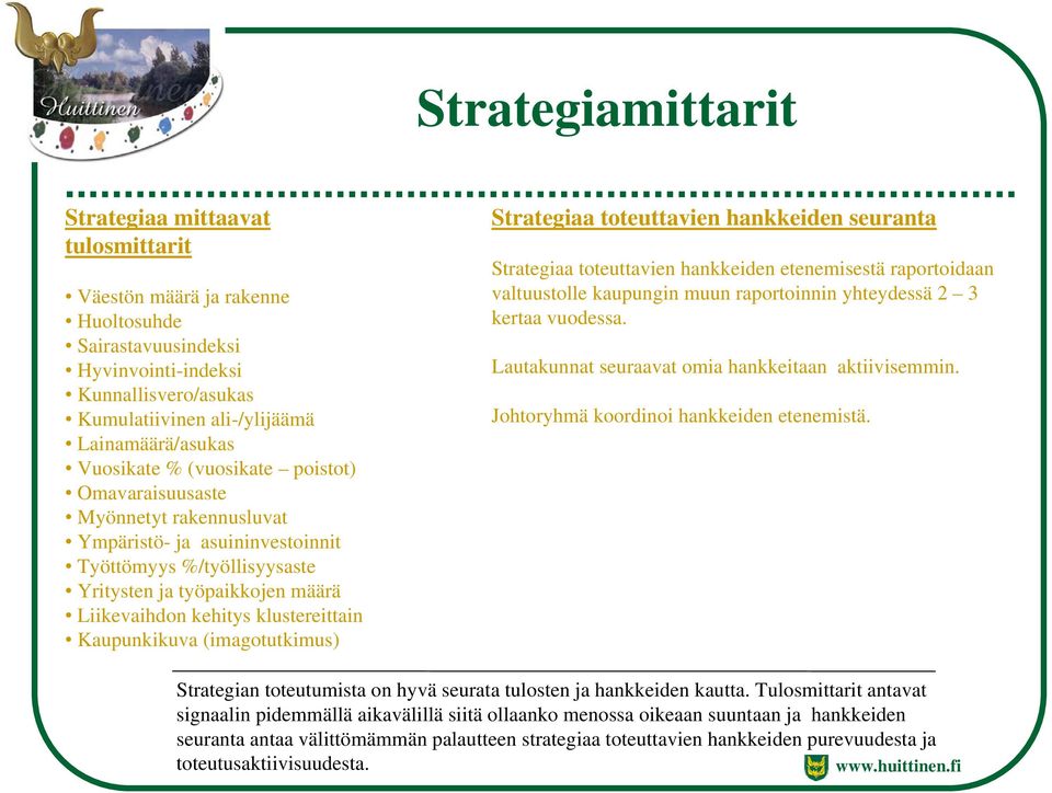 klustereittain Kaupunkikuva (imagotutkimus) Strategiaa toteuttavien hankkeiden seuranta Strategiaa toteuttavien hankkeiden etenemisestä raportoidaan valtuustolle kaupungin muun raportoinnin