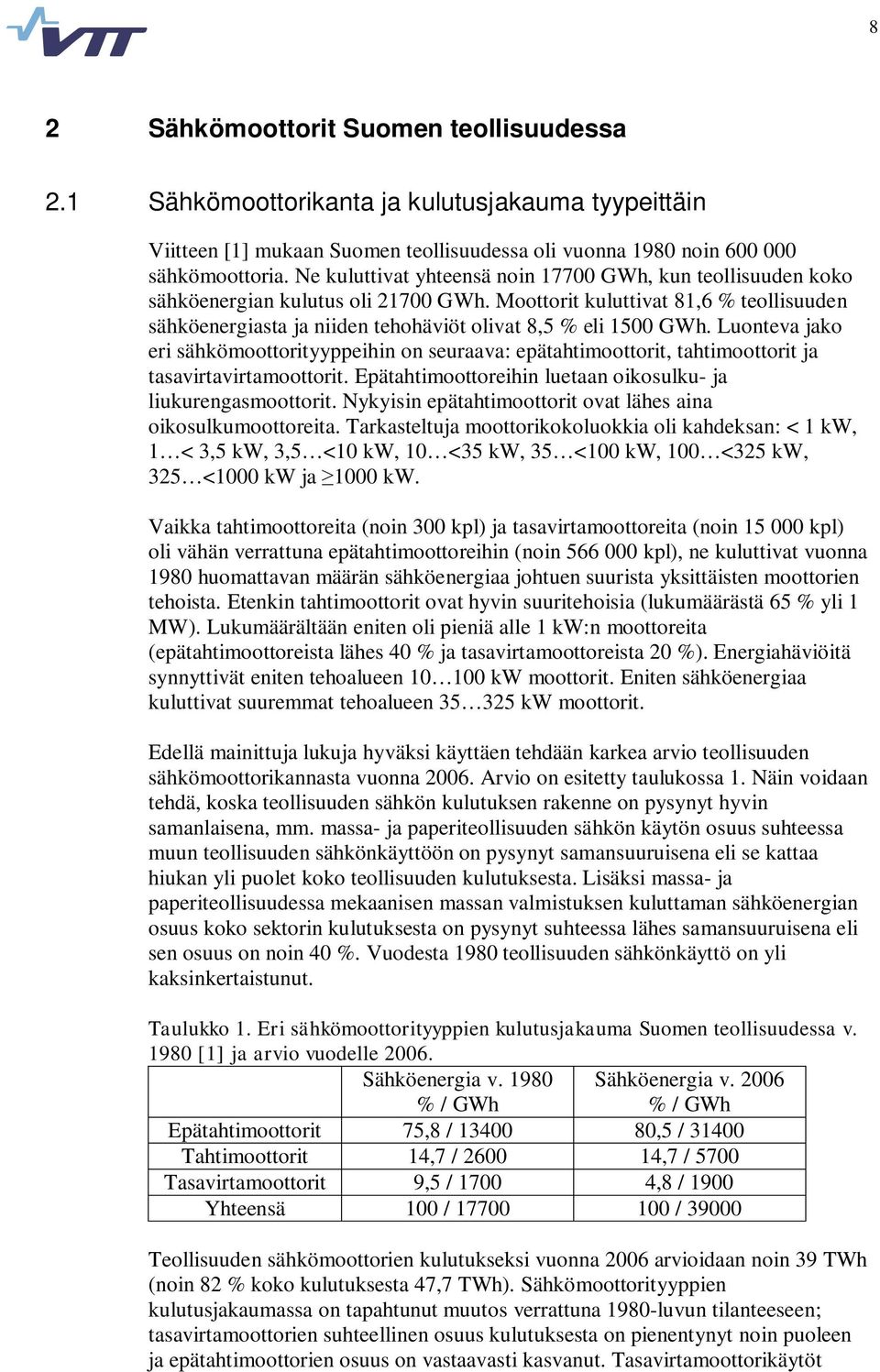 Moottorit kuluttivat 81,6 % teollisuuden sähköenergiasta ja niiden tehohäviöt olivat 8,5 % eli 1500 GWh.