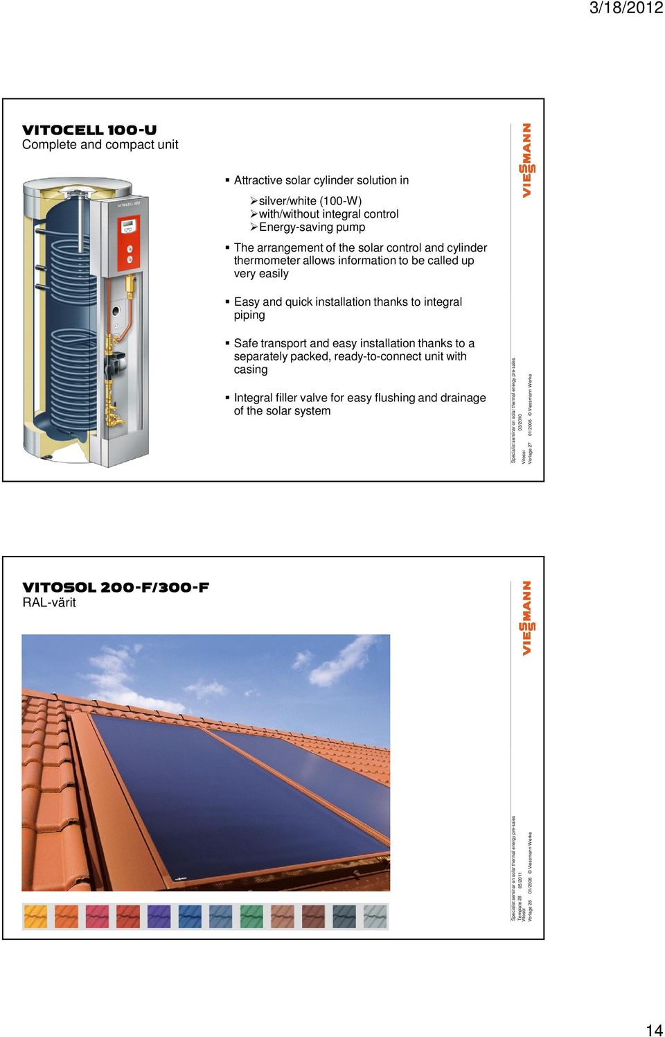 separately packed, ready-to-connect unit with casing Integral filler valve for easy flushing and drainage of the solar system Specialist seminar on solar thermal energy pre-sales