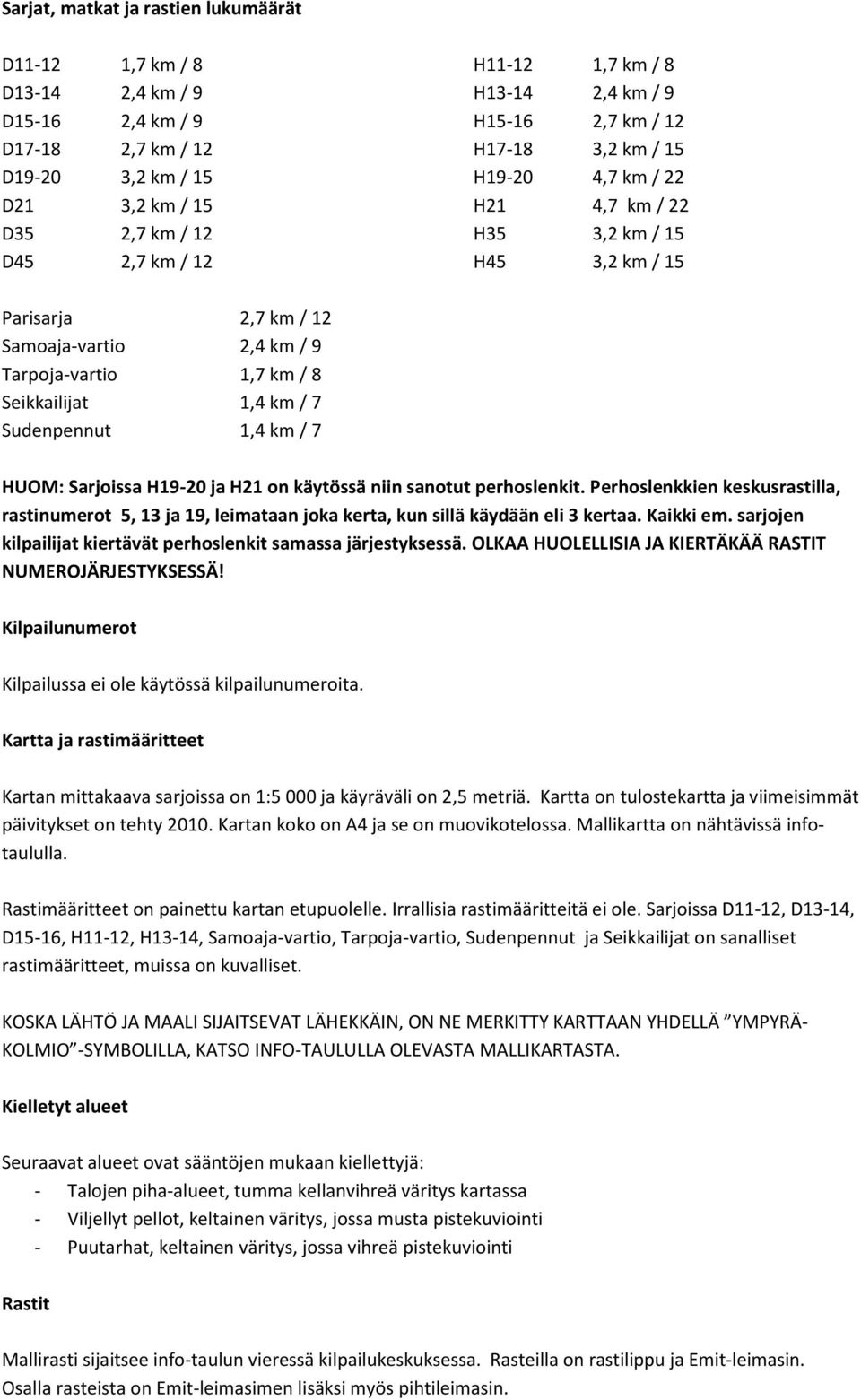 Seikkailijat 1,4 km / 7 Sudenpennut 1,4 km / 7 HUOM: Sarjoissa H19-20 ja H21 on käytössä niin sanotut perhoslenkit.