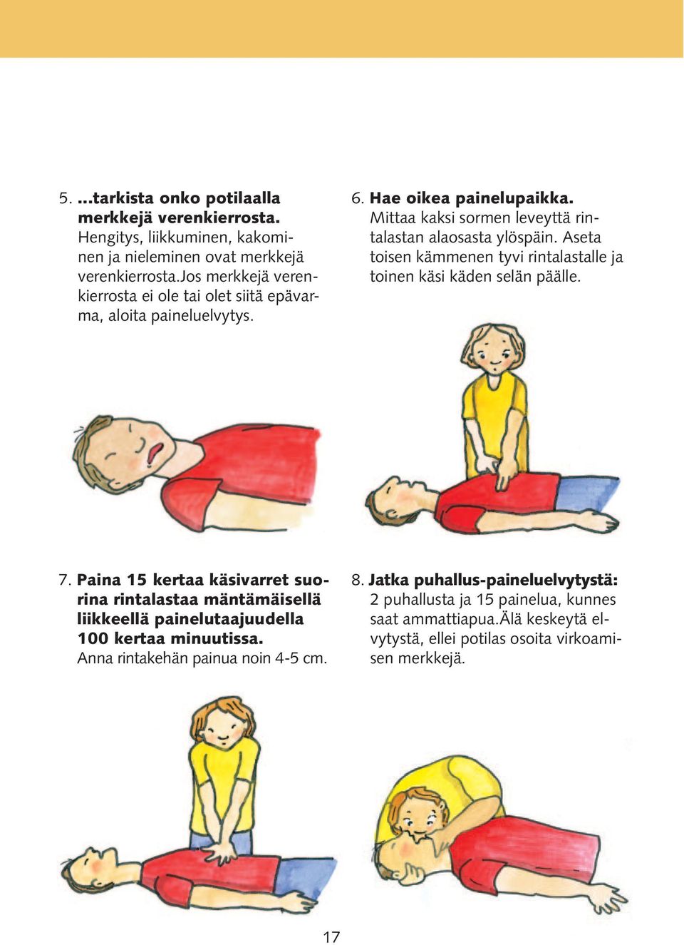 Aseta toisen kämmenen tyvi rintalastalle ja toinen käsi käden selän päälle. 7.