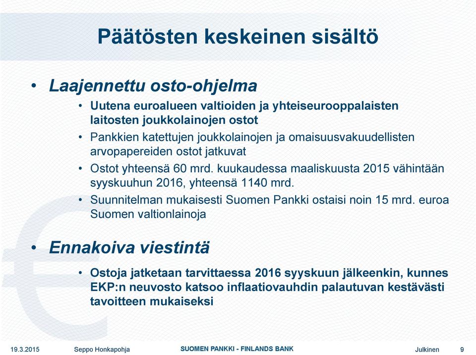 kuukaudessa maaliskuusta 2015 vähintään syyskuuhun 2016, yhteensä 1140 mrd. Suunnitelman mukaisesti Suomen Pankki ostaisi noin 15 mrd.