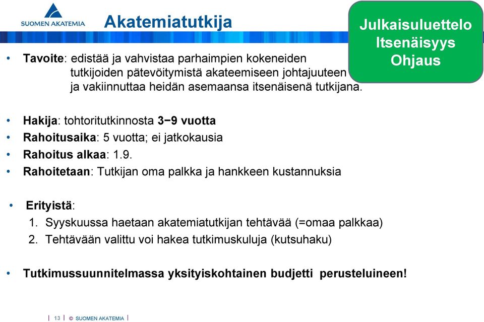 Julkaisuluettelo Itsenäisyys Ohjaus Hakija: tohtoritutkinnosta 3 9 vuotta Rahoitusaika: 5 vuotta; ei jatkokausia Rahoitus alkaa: 1.9. Rahoitetaan: Tutkijan oma palkka ja hankkeen kustannuksia Erityistä: 1.