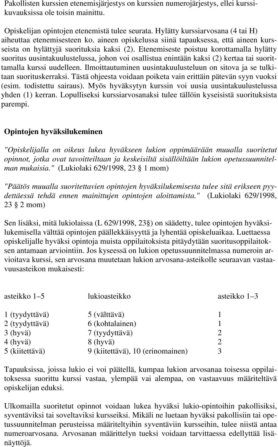 Etenemiseste poistuu korottamalla hylätty suoritus uusintakuulustelussa, johon voi osallistua enintään kaksi (2) kertaa tai suorittamalla kurssi uudelleen.