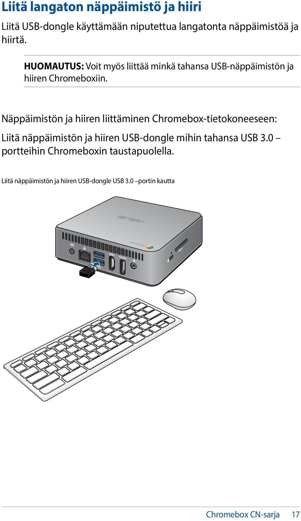Näppäimistön ja hiiren liittäminen Chromebox-tietokoneeseen: Liitä näppäimistön ja hiiren USB-dongle mihin