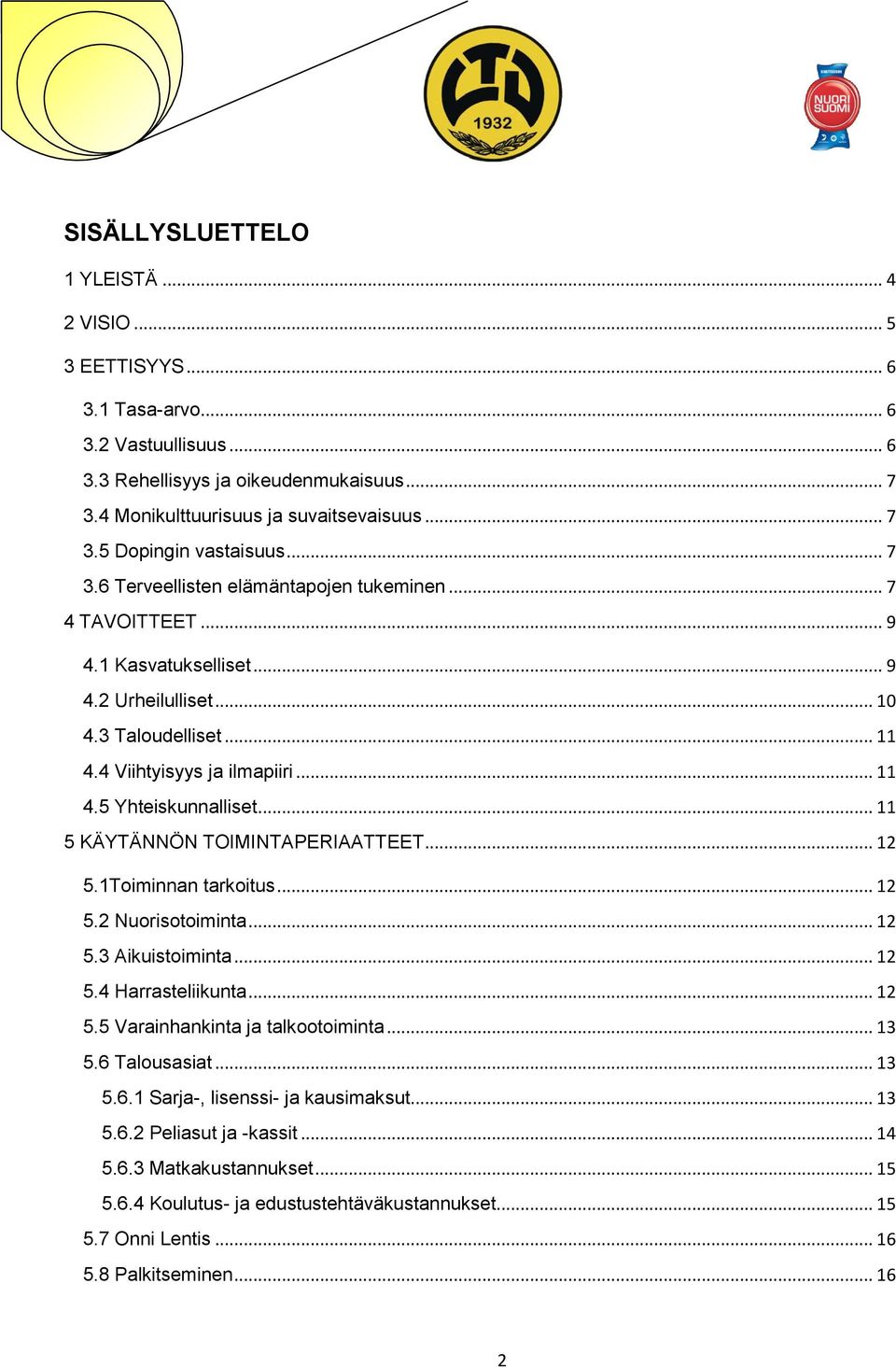 .. 11 5 KÄYTÄNNÖN TOIMINTAPERIAATTEET... 12 5.1Toiminnan tarkoitus... 12 5.2 Nuorisotoiminta... 12 5.3 Aikuistoiminta... 12 5.4 Harrasteliikunta... 12 5.5 Varainhankinta ja talkootoiminta... 13 5.