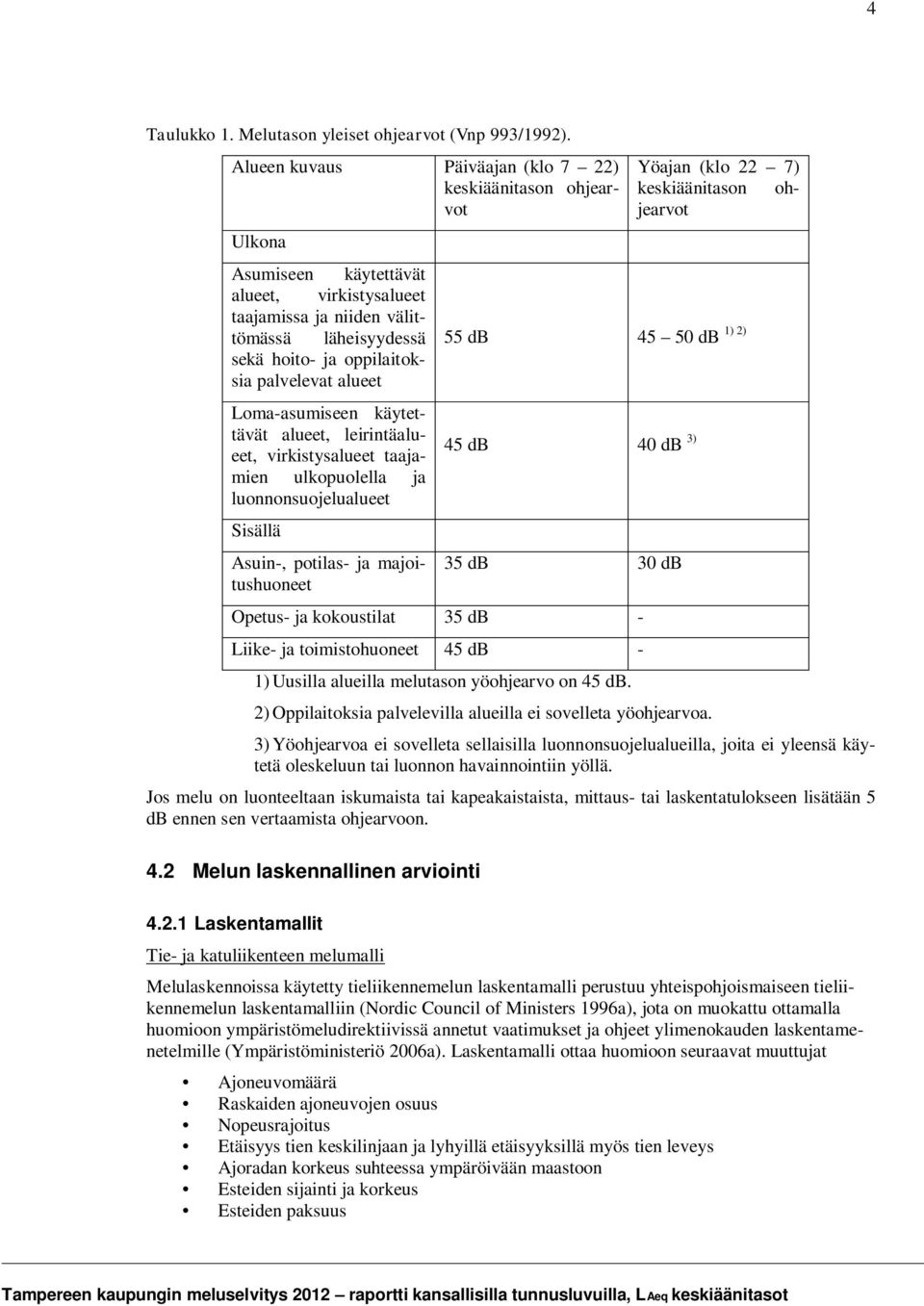 virkistysalueet taajamien ulkopuolella ja luonnonsuojelualueet Sisällä Asuin-, potilas- ja majoitushuoneet Alueen kuvaus Päiväajan (klo 7 22) keskiäänitason ohjearvot Yöajan (klo 22 7) keskiäänitason