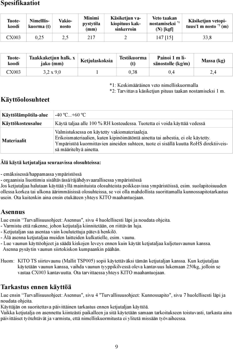 x jako (mm) Ketjulaskoksia Testikuorma (t) Painoi 1 m lisänostolle (kg/m) Massa (kg) CX003 3,2 x 9,0 1 0,38 0,4 2,4 Käyttöolosuhteet *1: Keskimääräinen veto nimelliskuormalla *2: Tarvittava