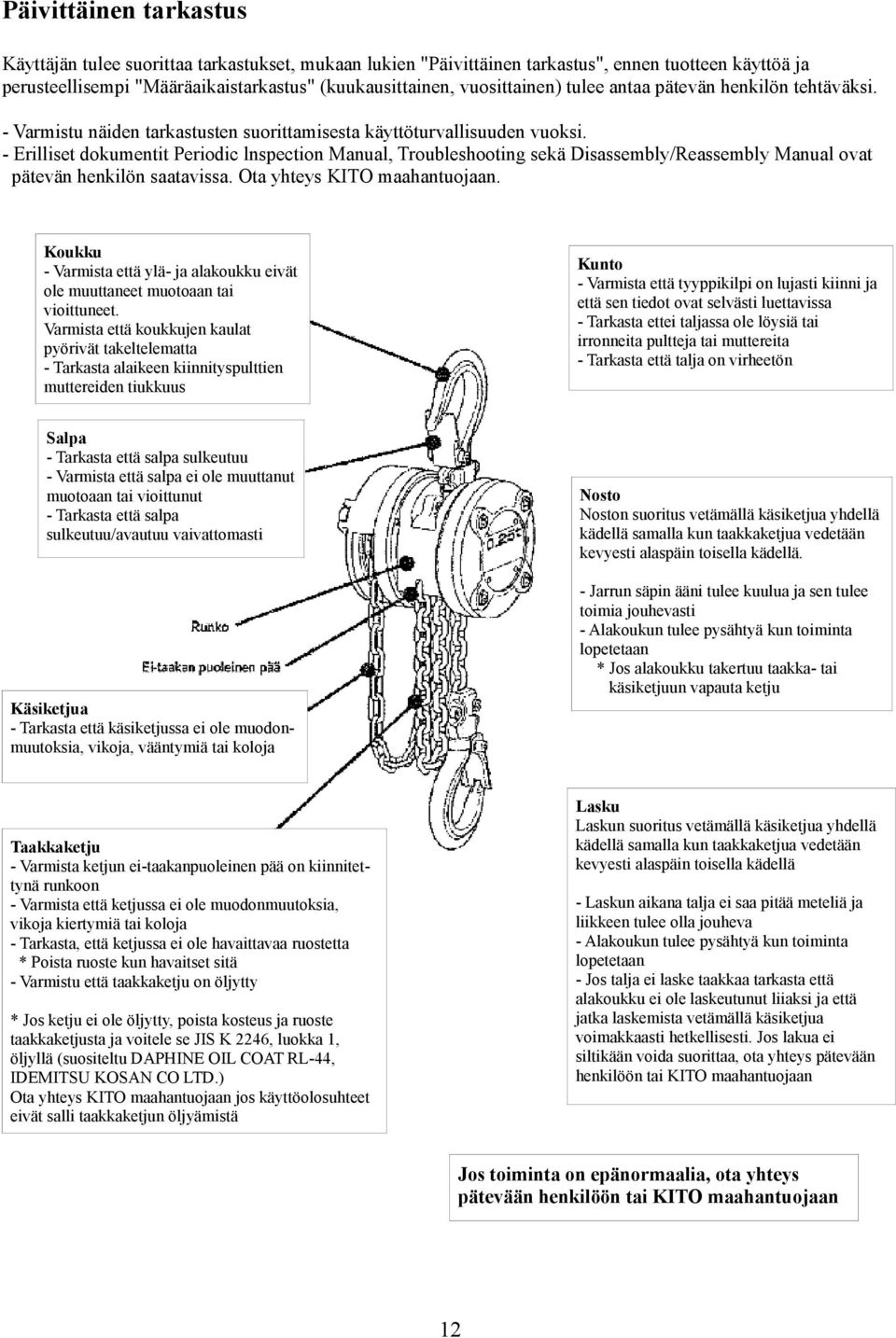 - Erilliset dokumentit Periodic lnspection Manual, Troubleshooting sekä Disassembly/Reassembly Manual ovat pätevän henkilön saatavissa. Ota yhteys KITO maahantuojaan.