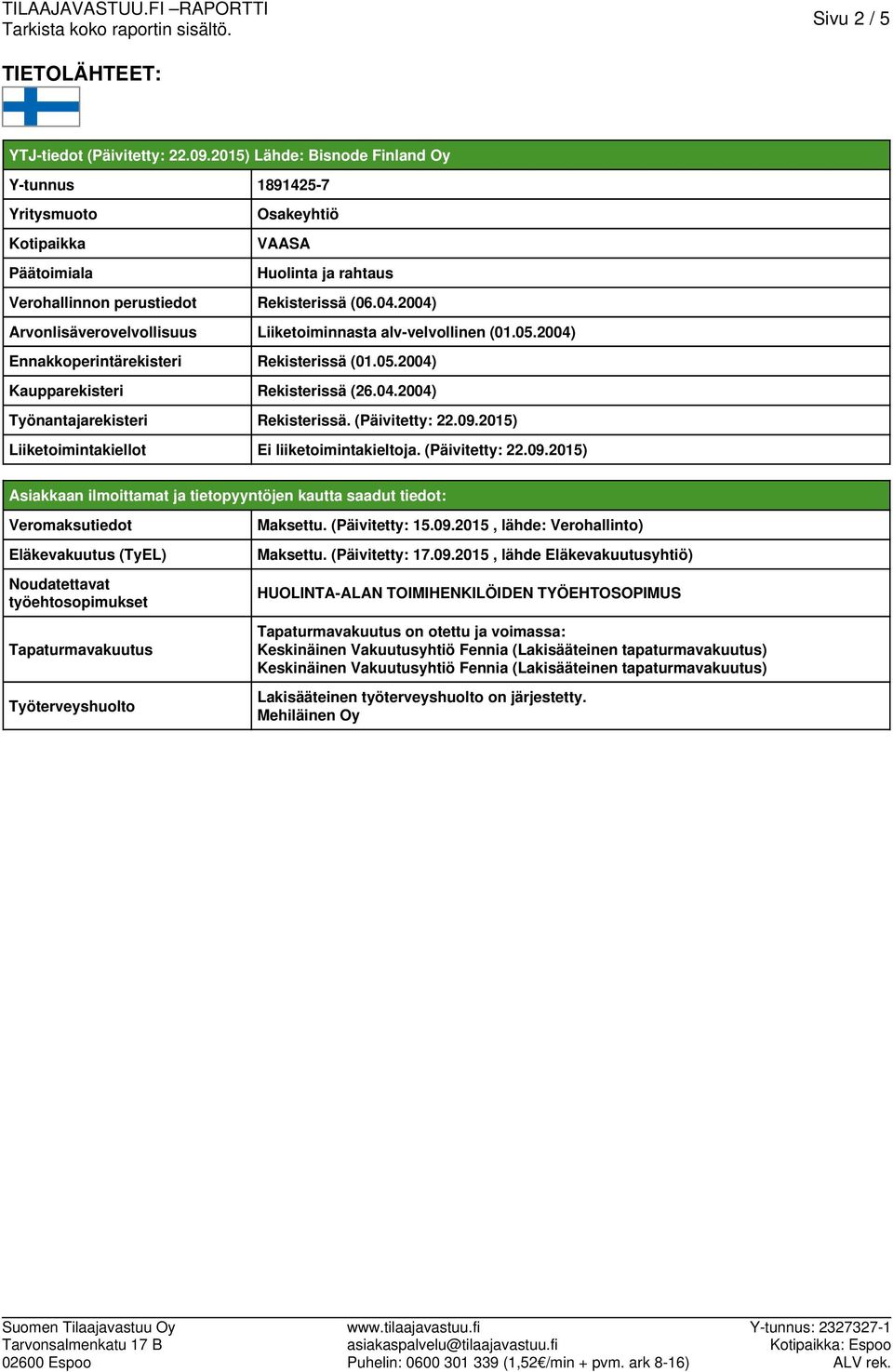 2004) Arvonlisäverovelvollisuus Liiketoiminnasta alv-velvollinen (01.05.2004) Ennakkoperintärekisteri Rekisterissä (01.05.2004) Kaupparekisteri Rekisterissä (26.04.2004) Työnantajarekisteri Rekisterissä.