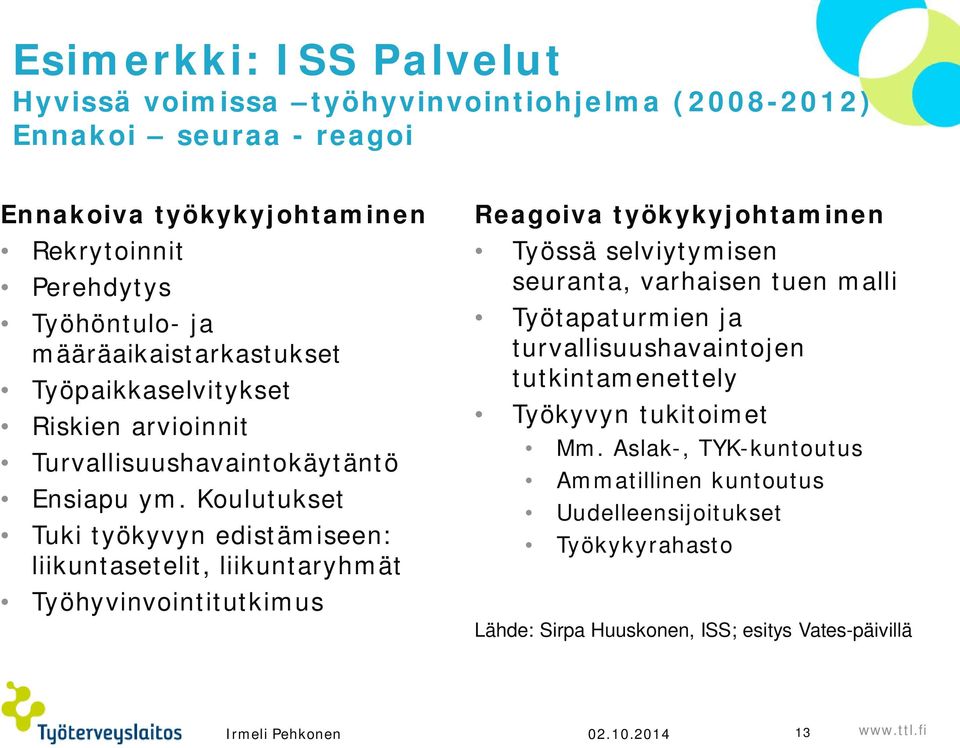 Koulutukset Tuki työkyvyn edistämiseen: liikuntasetelit, liikuntaryhmät Työhyvinvointitutkimus Reagoiva työkykyjohtaminen Työssä selviytymisen seuranta, varhaisen tuen