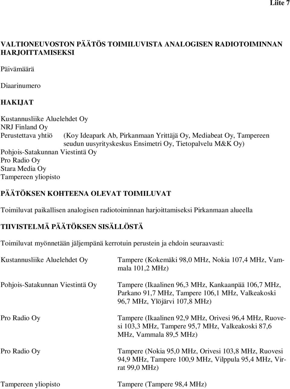 Oy) PÄÄTÖKSEN KOHTEENA OLEVAT TOIMILUVAT Toimiluvat paikallisen analogisen radiotoiminnan harjoittamiseksi Pirkanmaan alueella TIIVISTELMÄ PÄÄTÖKSEN SISÄLLÖSTÄ Toimiluvat myönnetään jäljempänä
