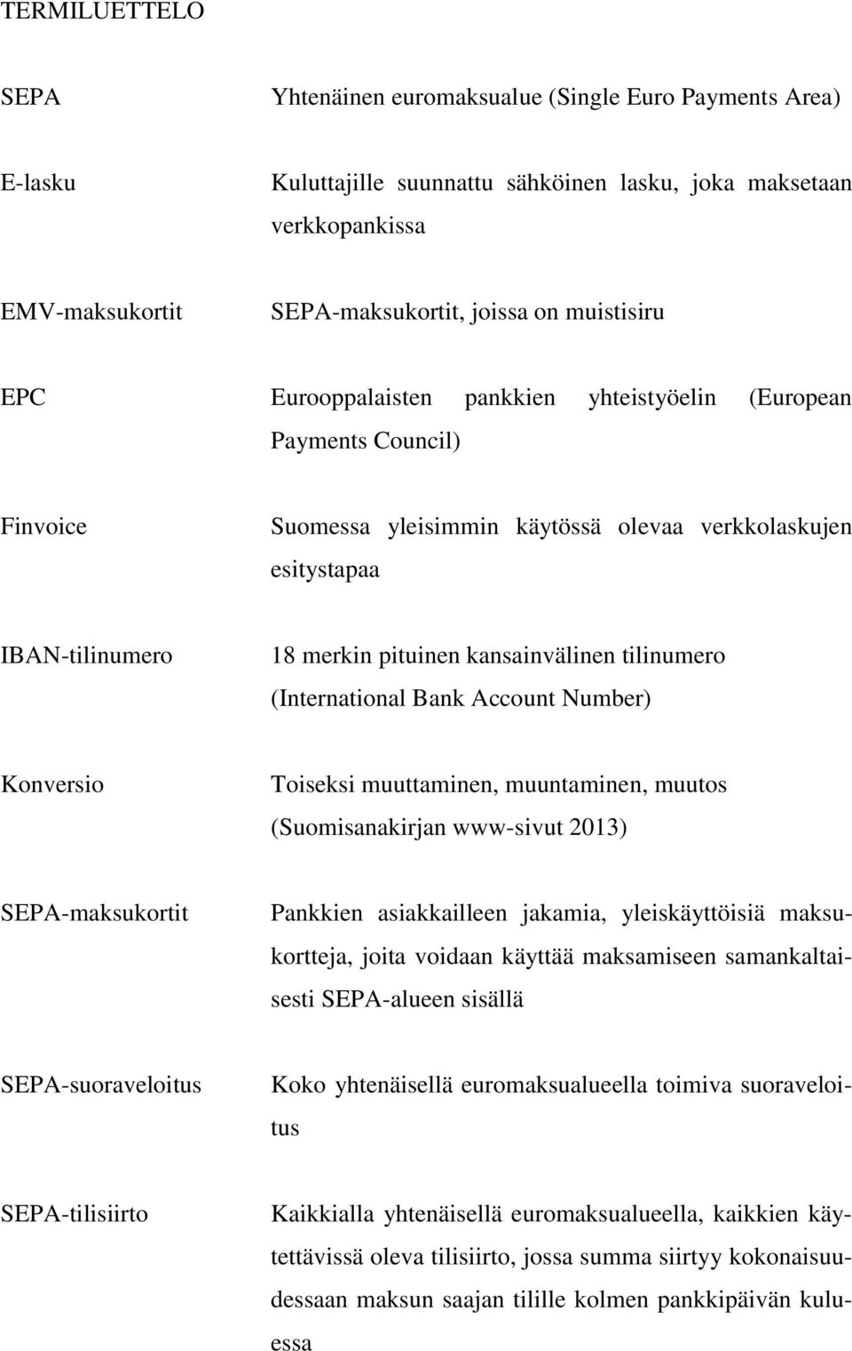 kansainvälinen tilinumero (International Bank Account Number) Konversio Toiseksi muuttaminen, muuntaminen, muutos (Suomisanakirjan www-sivut 2013) SEPA-maksukortit Pankkien asiakkailleen jakamia,