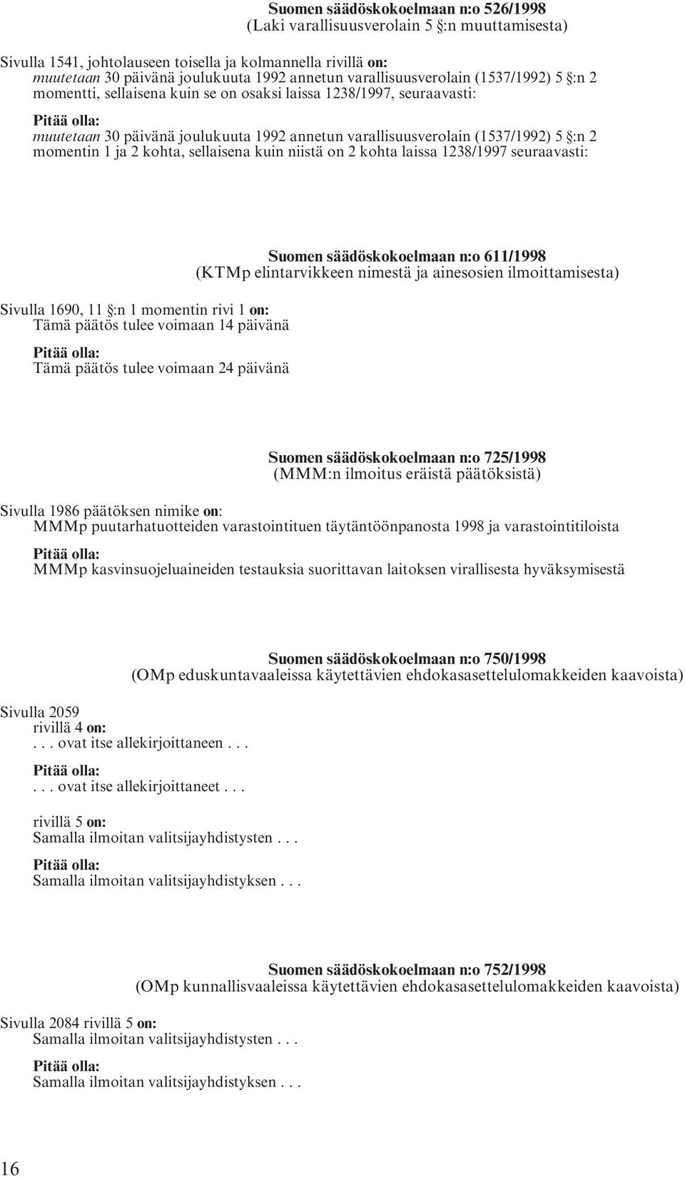 momentin 1 ja 2 kohta, sellaisena kuin niistä on 2 kohta laissa 1238/1997 seuraavasti: Sivulla 1690, 11 :n 1 momentin rivi 1 on: Tämä päätös tulee voimaan 14 päivänä Tämä päätös tulee voimaan 24