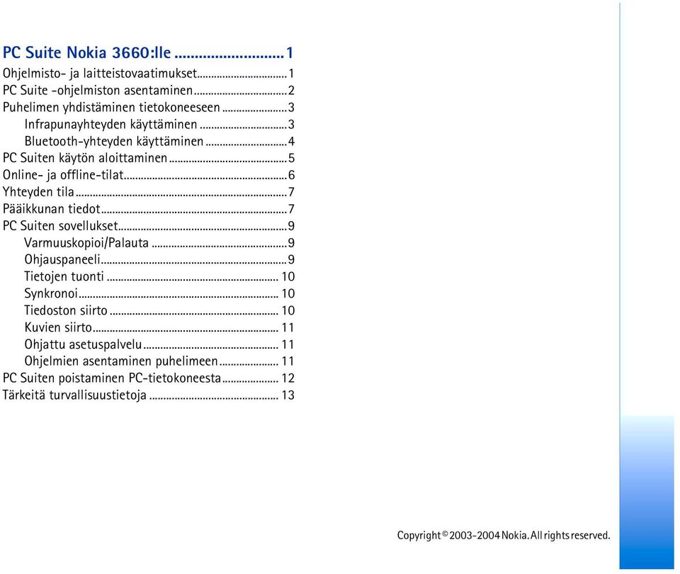 ..7 Pääikkunan tiedot...7 PC Suiten sovellukset...9 Varmuuskopioi/Palauta...9 Ohjauspaneeli...9 Tietojen tuonti... 10 Synkronoi... 10 Tiedoston siirto.