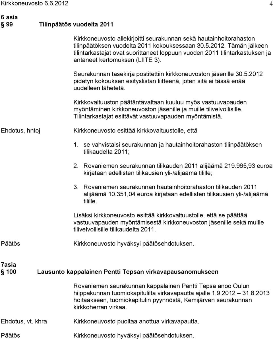 Kirkkovaltuuston päätäntävaltaan kuuluu myös vastuuvapauden myöntäminen kirkkoneuvoston jäsenille ja muille tilivelvollisille. Tilintarkastajat esittävät vastuuvapauden myöntämistä.