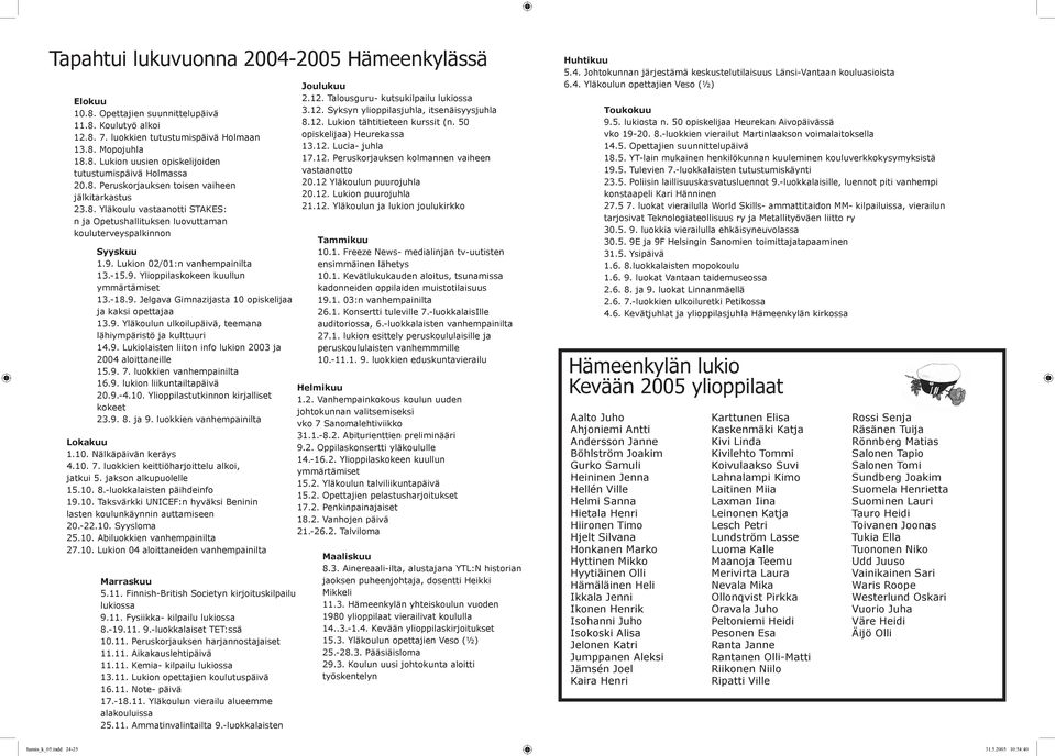 -18.9. Jelgava Gimnazijasta 10 opiskelijaa ja kaksi opettajaa 13.9. Yläkoulun ulkoilupäivä, teemana lähiympäristö ja kulttuuri 14.9. Lukiolaisten liiton info lukion 2003 ja 2004 aloittaneille 15.9. 7.