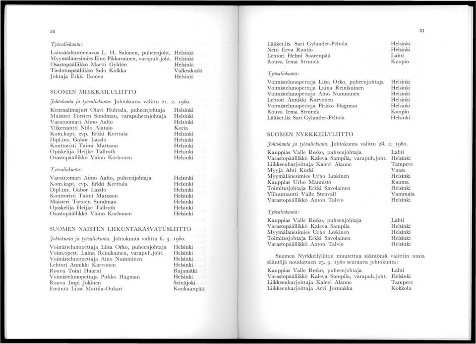 Johtokunta valittu 2. 2. 960. Kenraalimajuri Olavi Huhtala, puheenjohtaja Maisteri Torsten Sundman, varapuheenjohtaja Varatuomari Aimo Aalto Ylikersantti Niilo Alatalo Kom.kapt. evp.