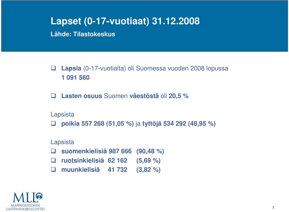 91 56 Lasten osuus Suomen väestöstä oli 2,5 % Lapsista poikia 557 268 (51,5 %)