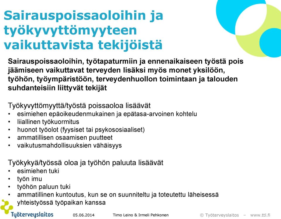 epätasa-arvoinen kohtelu liiallinen työkuormitus huonot työolot (fyysiset tai psykososiaaliset) ammatillisen osaamisen puutteet vaikutusmahdollisuuksien vähäisyys Työkykyä/työssä oloa ja