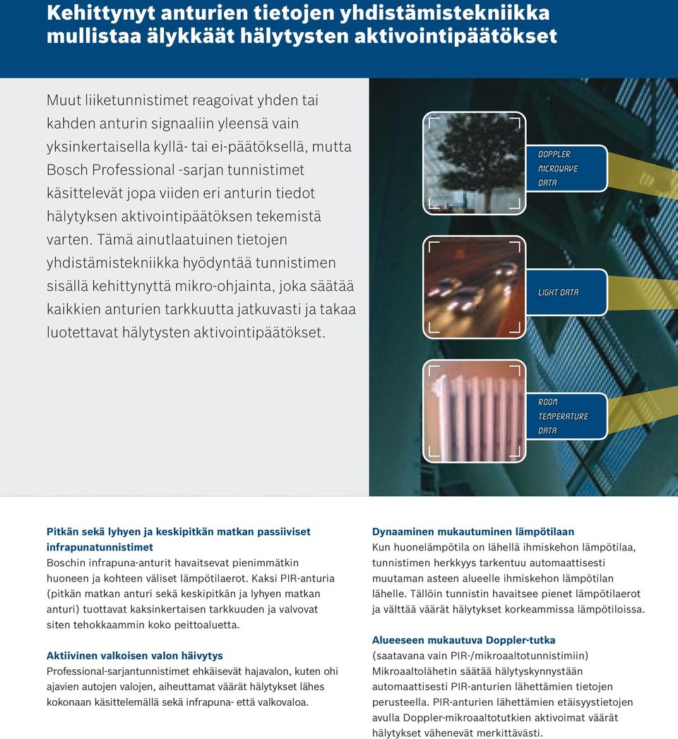 Tämä ainutlaatuinen tietojen yhdistämistekniikka hyödyntää tunnistimen sisällä kehittynyttä mikro-ohjainta, joka säätää kaikkien anturien tarkkuutta jatkuvasti ja takaa luotettavat hälytysten
