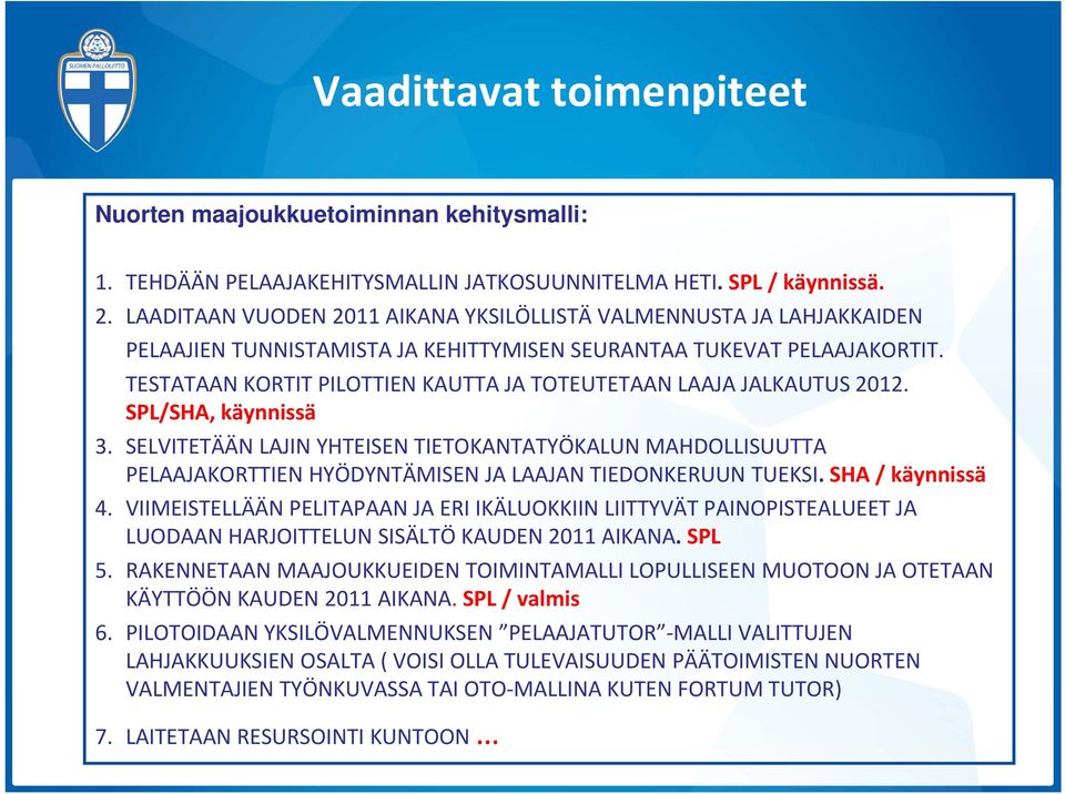 TESTATAAN KORTIT PILOTTIEN KAUTTA JA TOTEUTETAAN LAAJA JALKAUTUS 2012. SPL/SHA, käynnissä 3.