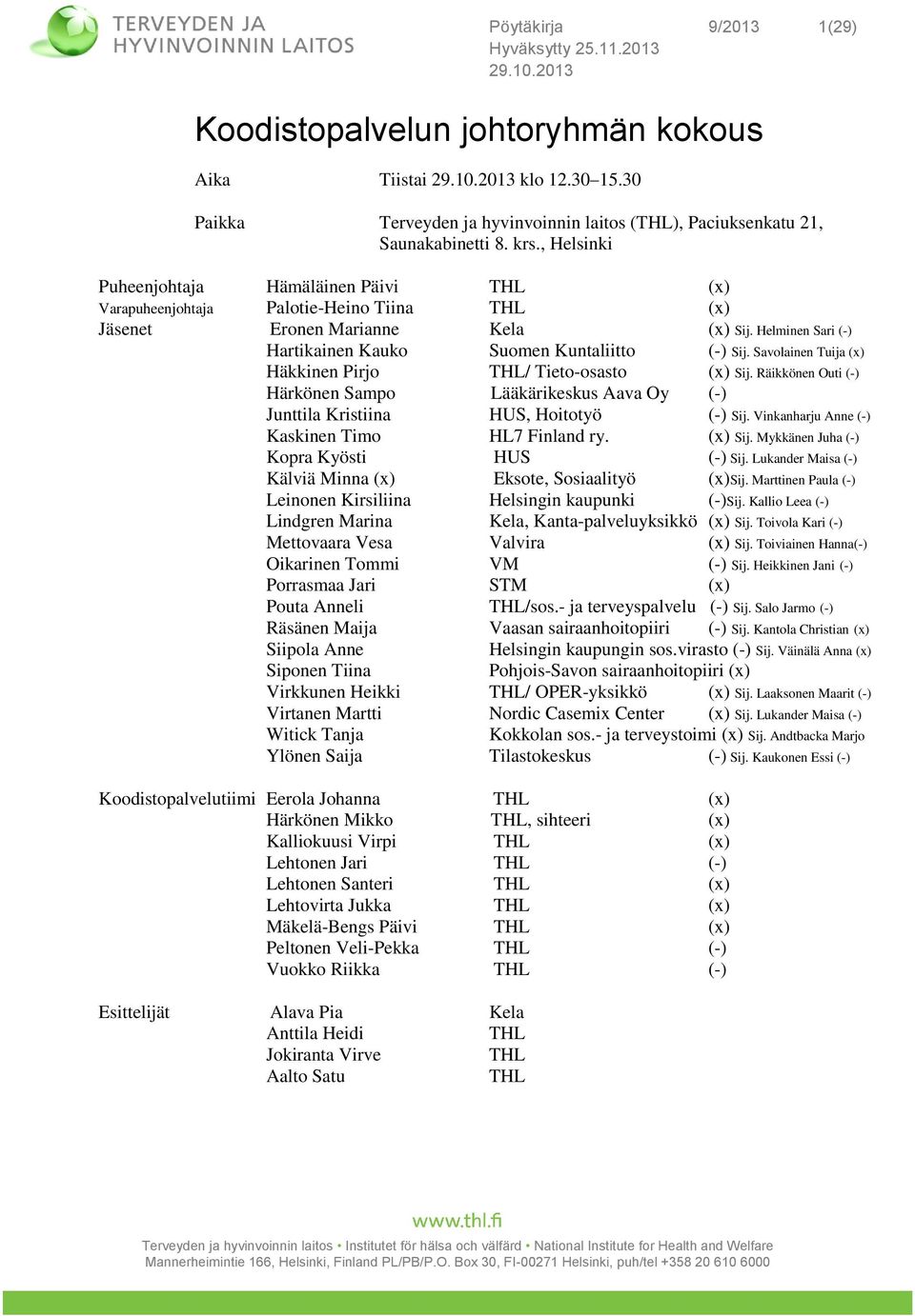 Savolainen Tuija (x) Häkkinen Pirjo THL/ Tieto-osasto (x) Sij. Räikkönen Outi (-) Härkönen Sampo Lääkärikeskus Aava Oy (-) Junttila Kristiina HUS, Hoitotyö (-) Sij.