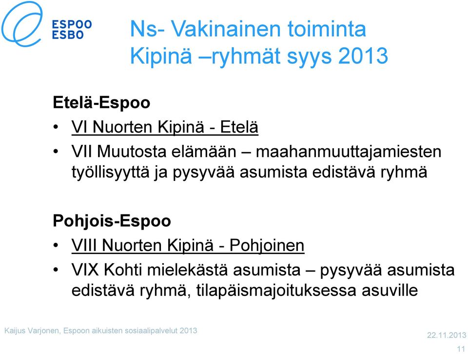 Pohjois-Espoo VIII Nuorten Kipinä - Pohjoinen VIX Kohti mielekästä asumista pysyvää asumista