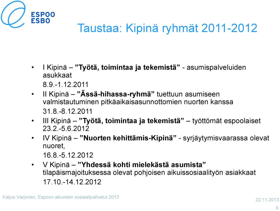 2011 II Kipinä Ässä-hihassa-ryhmä tuettuun asumiseen valmistautuminen pitkäaikaisasunnottomien nuorten kanssa 31.8.-8.12.