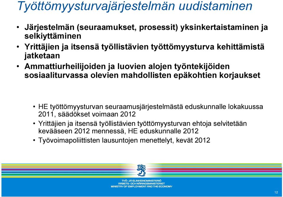 epäkohtien korjaukset HE työttömyysturvan seuraamusjärjestelmästä eduskunnalle lokakuussa 2011, säädökset voimaan 2012 Yrittäjien ja itsensä