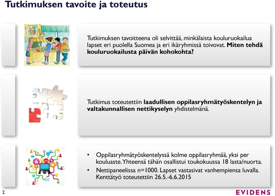 Tutkimus toteutettiin laadullisen oppilasryhmätyöskentelyn ja valtakunnallisen nettikyselyn yhdistelmänä.