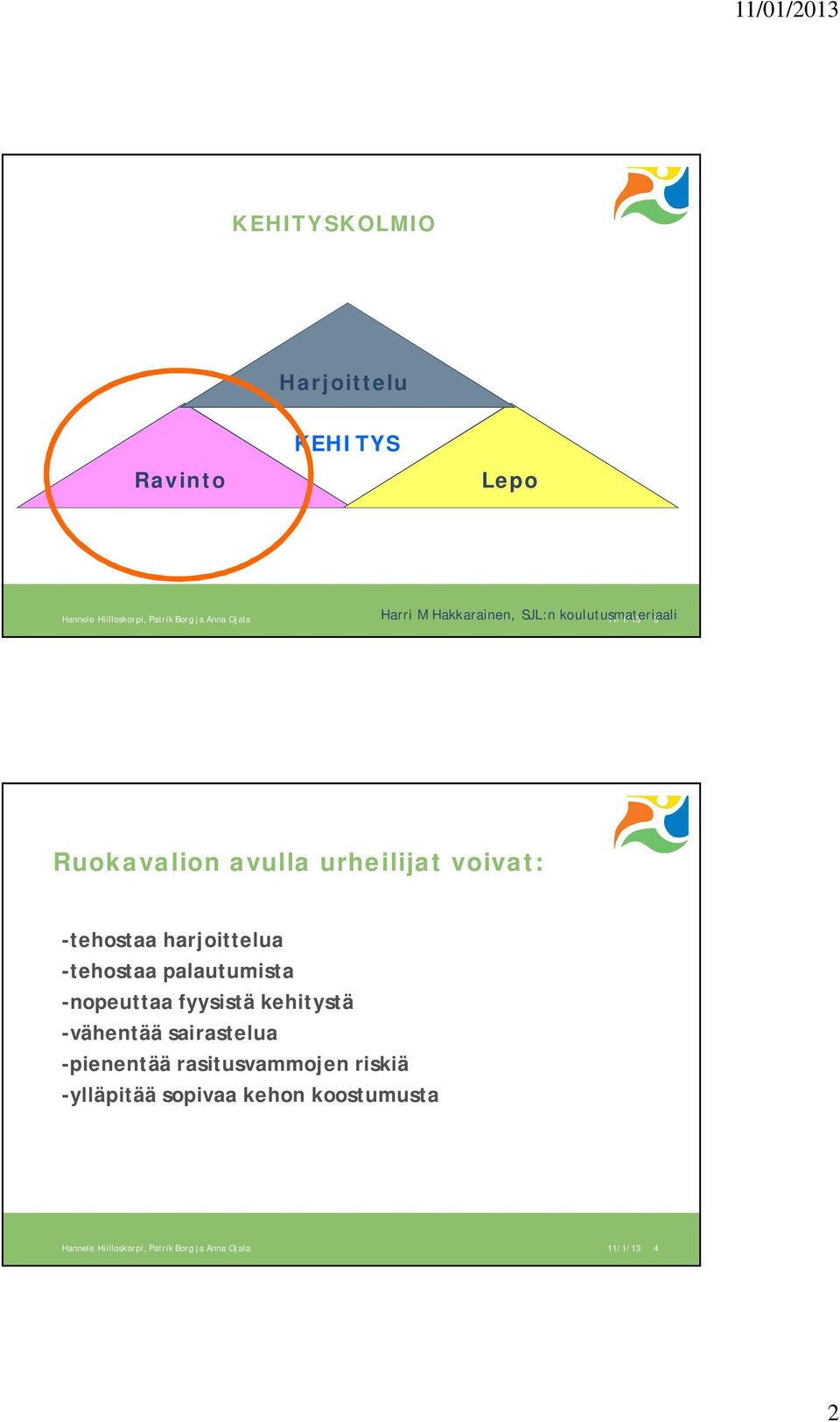 harjoittelua -tehostaa palautumista -nopeuttaa fyysistä kehitystä -vähentää sairastelua -pienentää