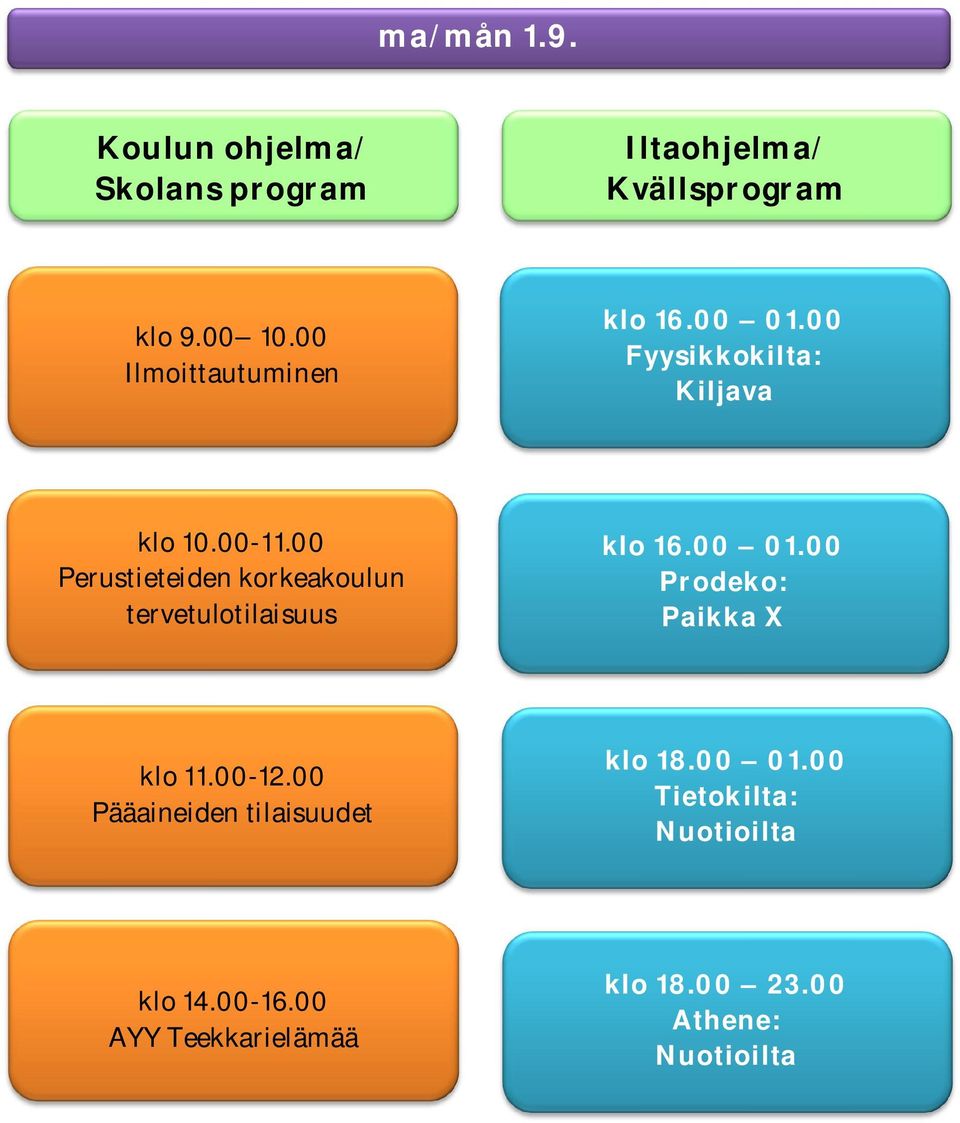 00 Perustieteiden korkeakoulun tervetulotilaisuus klo 16.00 01.00 Prodeko: Paikka X klo 11.00-12.