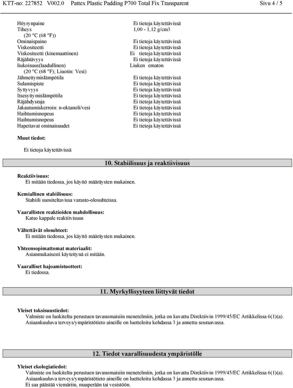 F); Liuotin: Vesi) Jähmettymislämpötila Sulamispiste Syttyvyys Itsesyttymislämpötila Räjähdysraja Jakautumiskerroin: n-oktanoli/vesi Haihtumisnopeus Haihtumisnopeus Hapettavat ominaisuudet 1,00-1,12