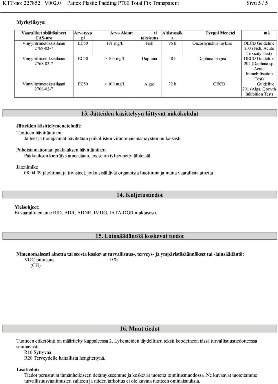 96 h Oncorhynchus mykiss OECD Guideline 203 (Fish, Acute Toxicity Test) EC50 > 100 mg/l Daphnia 48 h Daphnia magna OECD Guideline 202 (Daphnia sp.