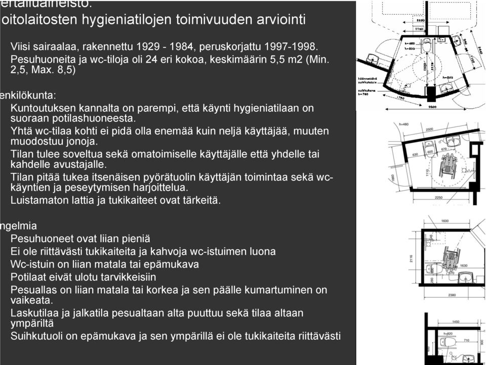 Yhtä wc-tilaa kohti ei pidä olla enemää kuin neljä käyttäjää, muuten muodostuu jonoja. Tilan tulee soveltua sekä omatoimiselle käyttäjälle että yhdelle tai kahdelle avustajalle.