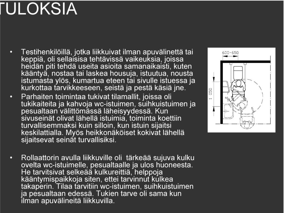 Parhaiten toimintaa tukivat tilamallit, joissa oli tukikaiteita ja kahvoja wc-istuimen, suihkuistuimen ja pesualtaan välittömässä läheisyydessä.