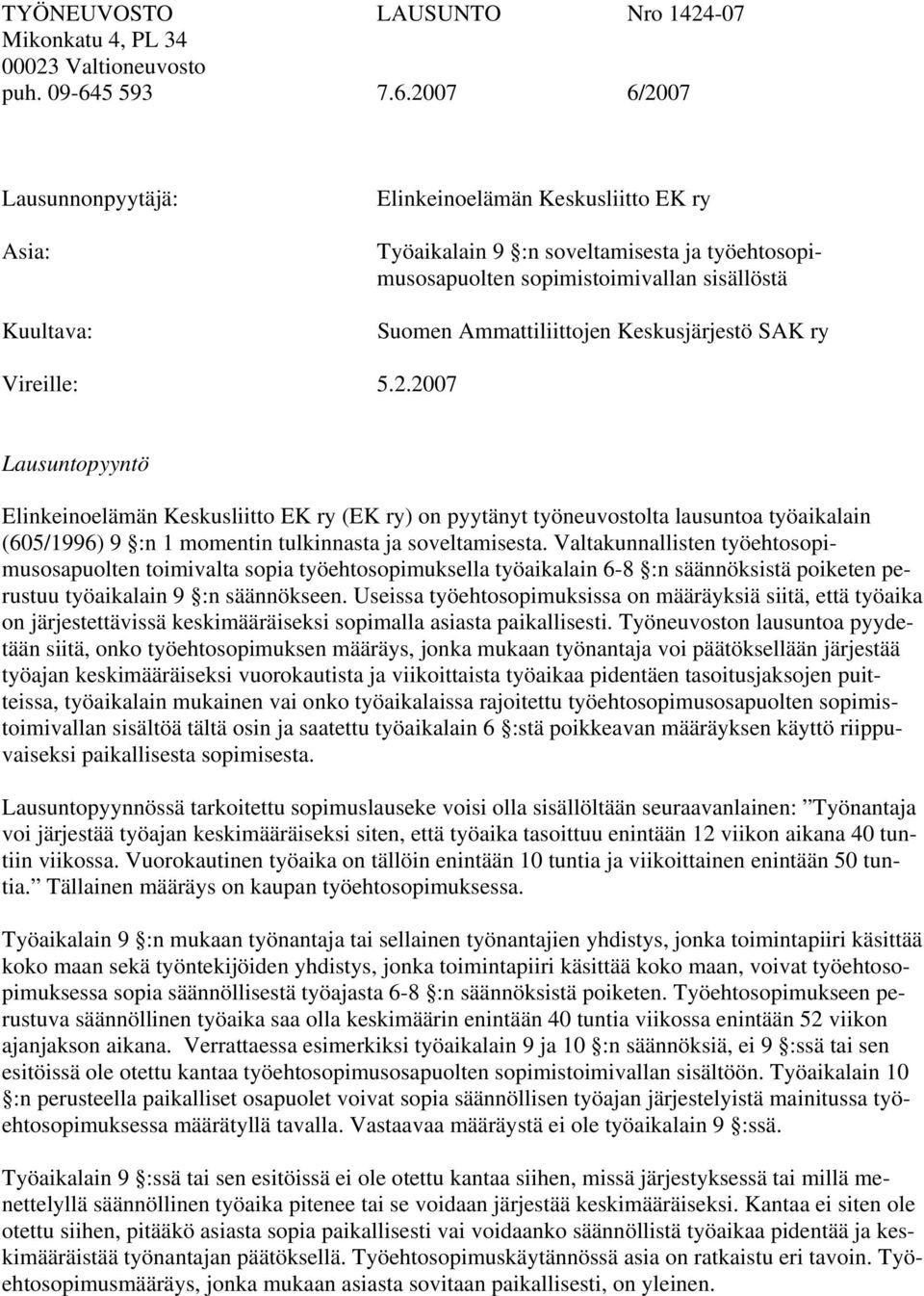 2007 6/2007 Lausunnonpyytäjä: Asia: Kuultava: Elinkeinoelämän Keskusliitto EK ry Työaikalain 9 :n soveltamisesta ja työehtosopimusosapuolten sopimistoimivallan sisällöstä Suomen Ammattiliittojen