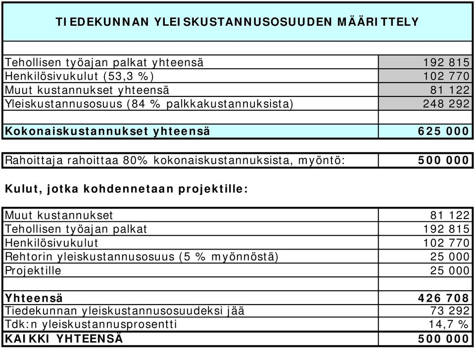 Kulut, jotka kohdennetaan projektille: Muut kustannukset 81 122 Tehollisen työajan palkat 192 815 Henkilösivukulut 102 770 Rehtorin yleiskustannusosuus (5 %